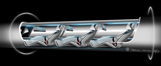Hyperloop passenger capsule version cutaway with passengers onboard.